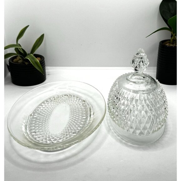 Vintage Indiana Glass Oval Diamond Point Clear Covered Butter Dish - Picture 2 of 8
